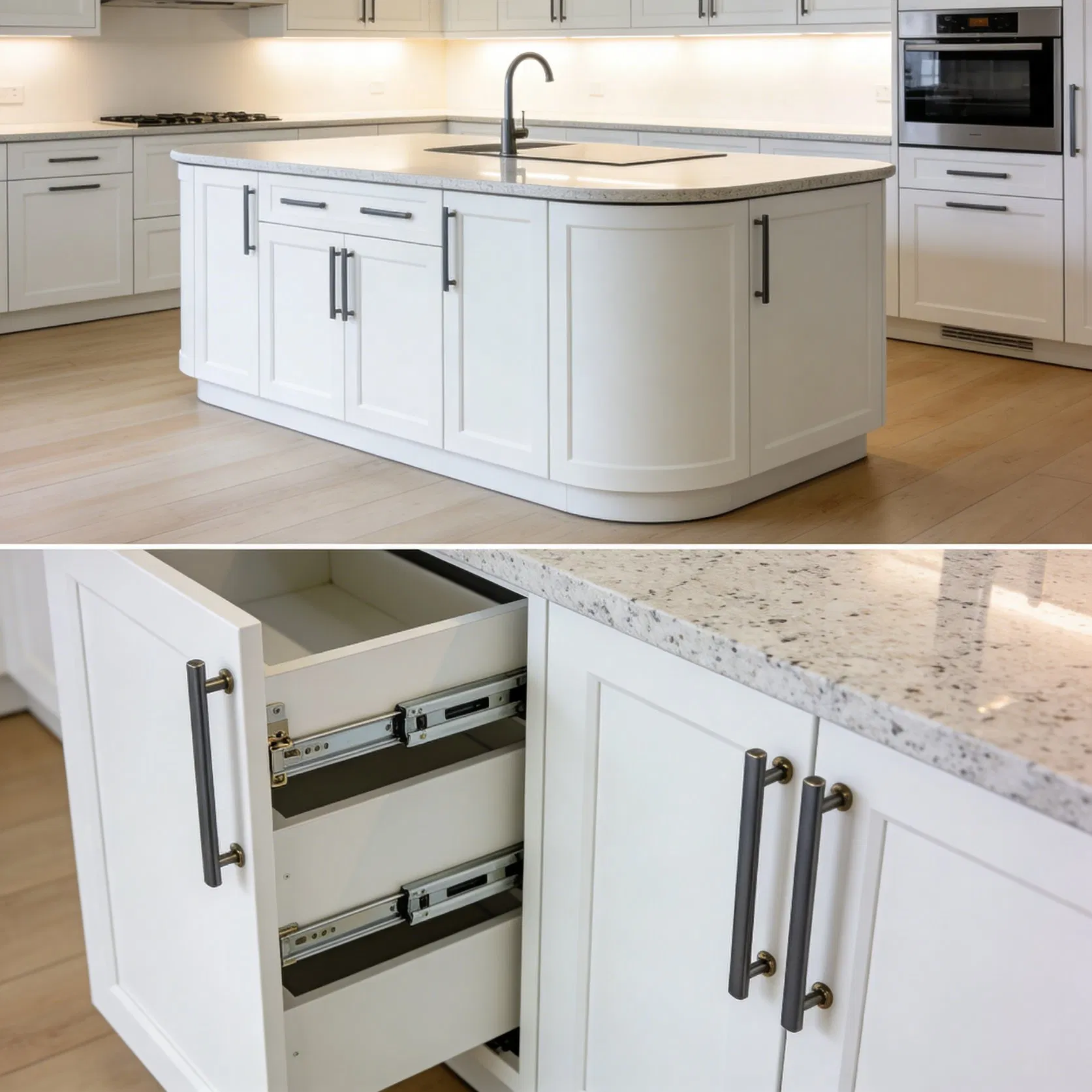 High-End Timeless Kitchen Cabinet with Premium Matte Finish, Seamless Curved Design &amp; Efficient Drawer Storage