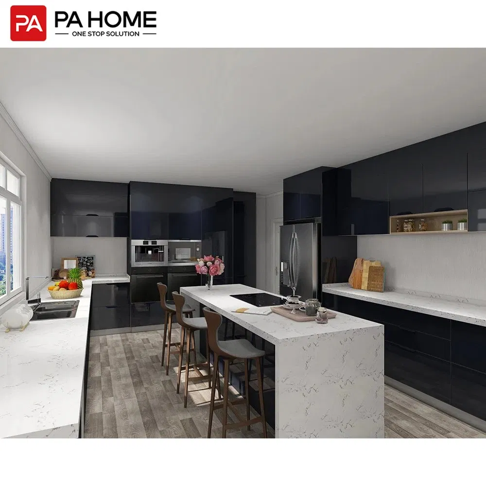 Quality Furniture Custom Two L-Shaped Design High Gloss Black Lacquer Kitchen Cabinets