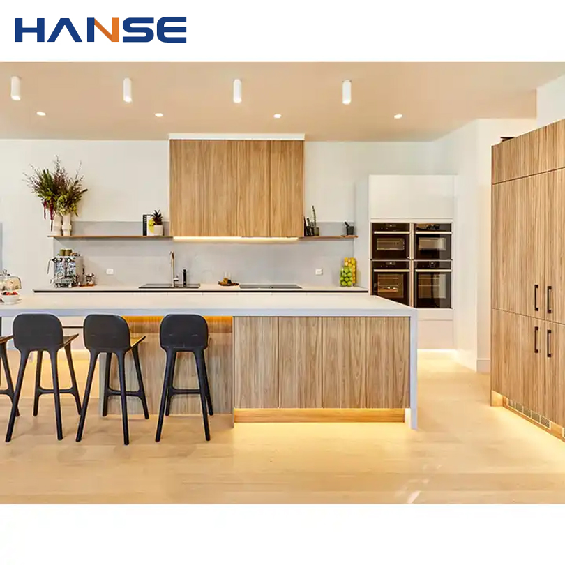 Handleless Gray Simple Island Kitchen Cabinets High Glossy Melamine MDF Chipboard Kitchen Cabinet