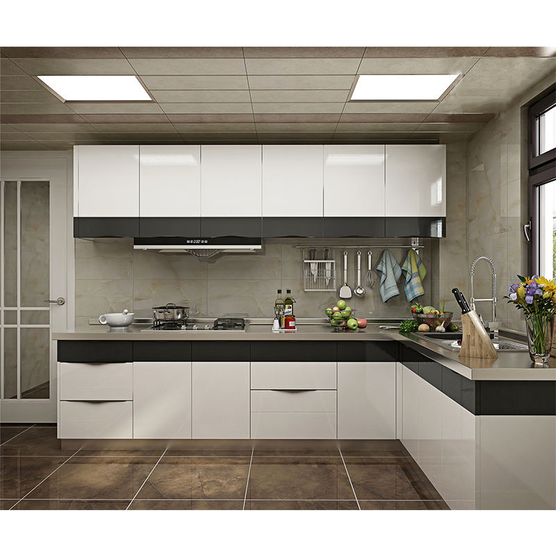 Stainless Steel Solid Wood Kitchen Cabinet with Clean Handleless Walnut Wood Glossy