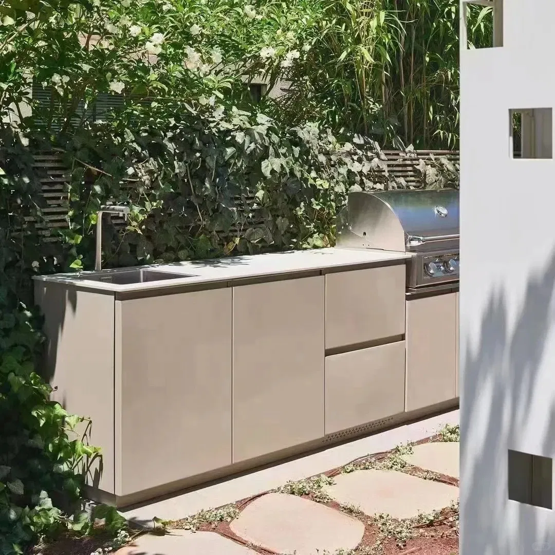Waterproof Aluminium Alloy Frame Quartz Stone Outdoor Kitchen Cabinet Design