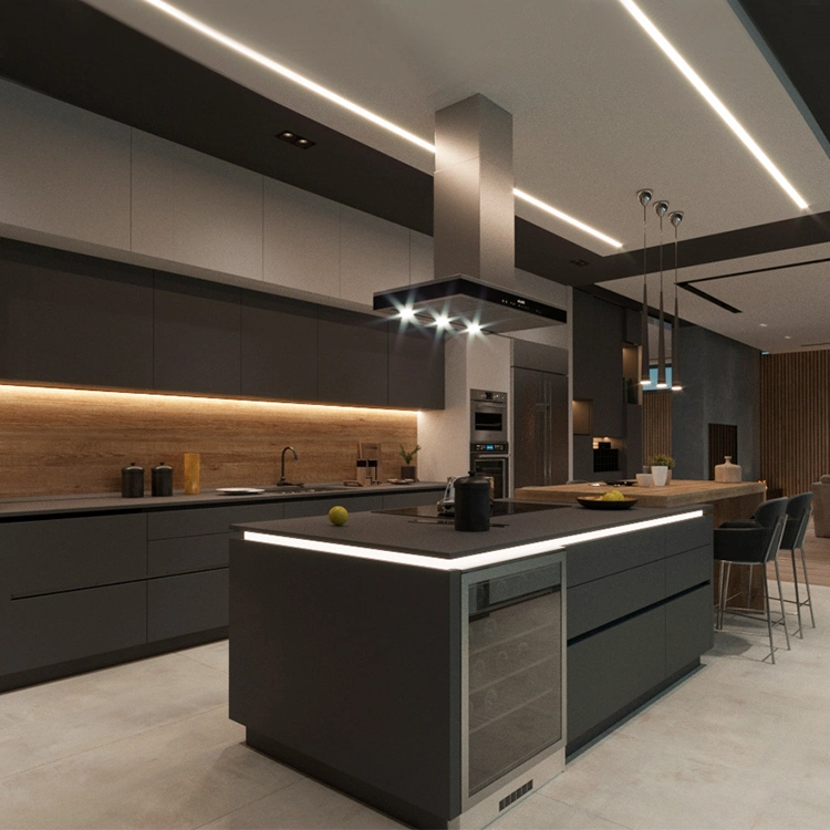 Factory Wholesale Villa Kitchen Furniture Modern Style Top Quality Solid Wood Black Matte Finish Lacquer Kitchen Cabinet