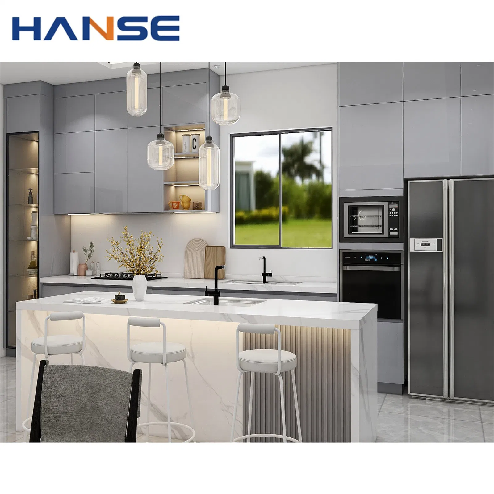Luxury Gray Shaker Designs Kitchen Cabinet Sets Modern PVC High Gloss Lacquer Kitchen Kitchen