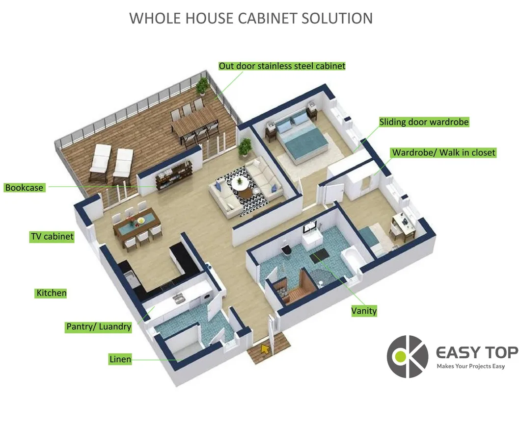 Waterfall Island L-Shaped Lacquer Finish Kitchen Cabinets