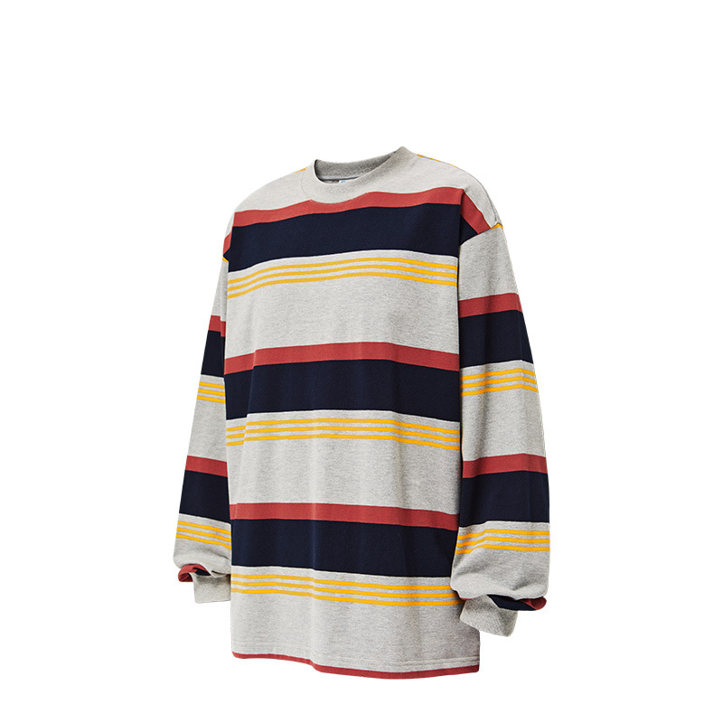 OEM 200GSM 100% Camiseta de Manga Longa Solta com Listras em Algodão de Cor Contrastante para Homens, Moda Casual de Rua
