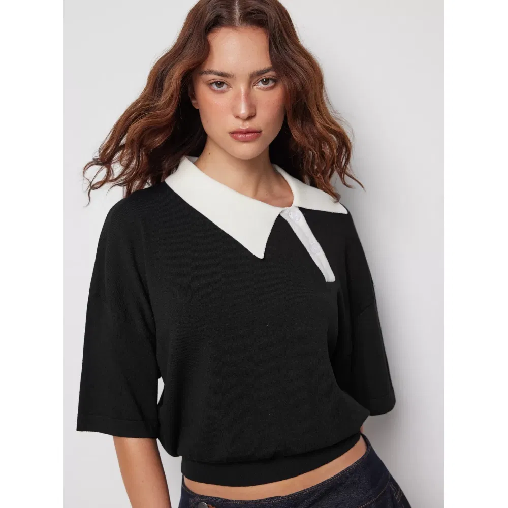 Primavera Novas Mulheres Malha de Algodão Roupas de Trabalho Escritório Bloco de Cores Soltas Cropped Manga Curta Estilo Casual Esportivo Atacado Personalizado
