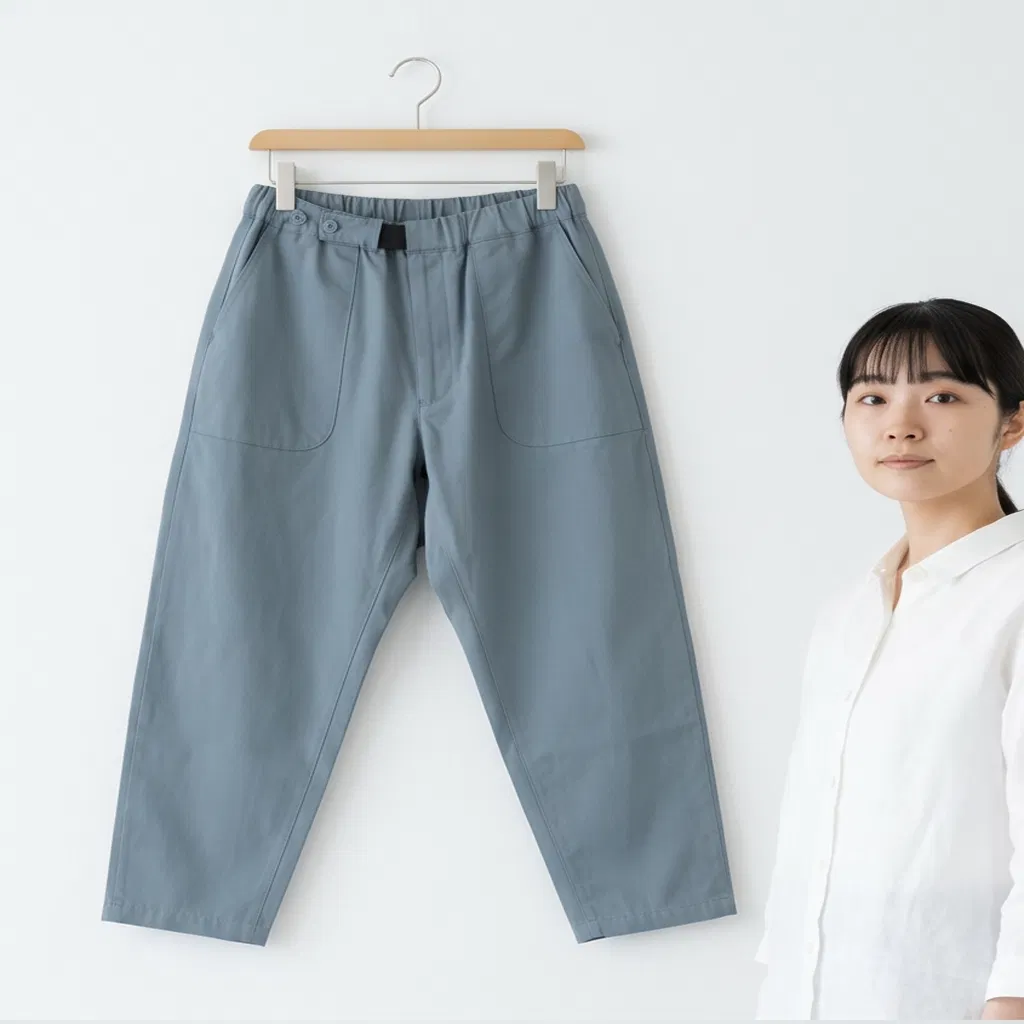 100% Calças Casuais Tapered de Algodão Trançado Cinza Azul com Cintura Elástica e Grandes Bolsos de Patches