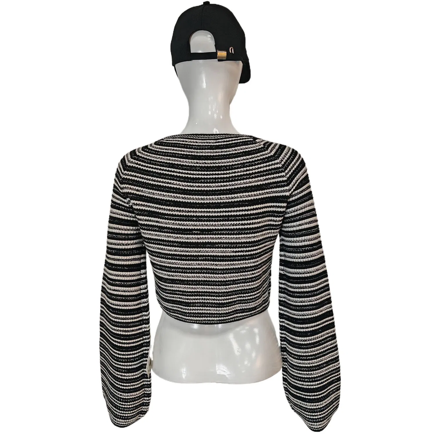 Suéter cropped de malha listrada para mulheres com mangas longas em sino, estilo casual e respirável