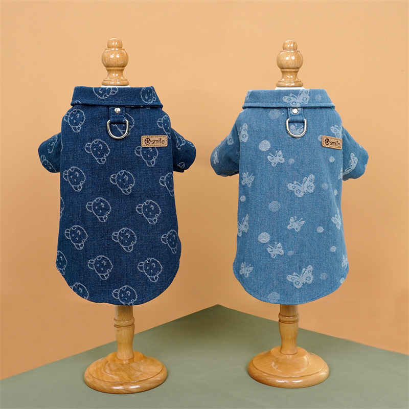 Camisa de Denim com Estampa de Urso de Estimação e Guia para Roupas de Animais de Estimação Pequenos, Cães e Gatos