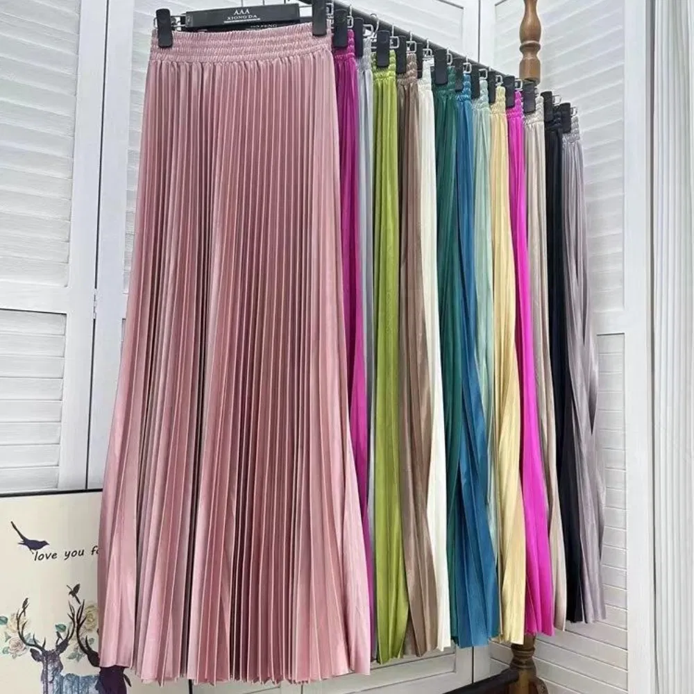 Nova Saia Elegante Plissada para Mulheres, Cintura Alta, Slim, Casual, Sólida, Longa