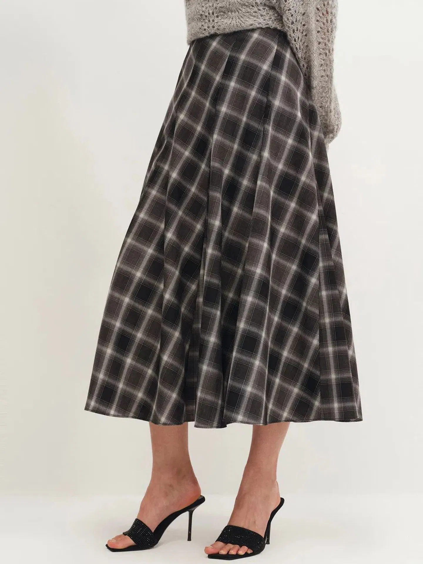 Saia longa em A flared de mulheres euro-americanas, outono inverno, nova, de lã xadrez, estilo retrô, casual, cintura afinada, natural