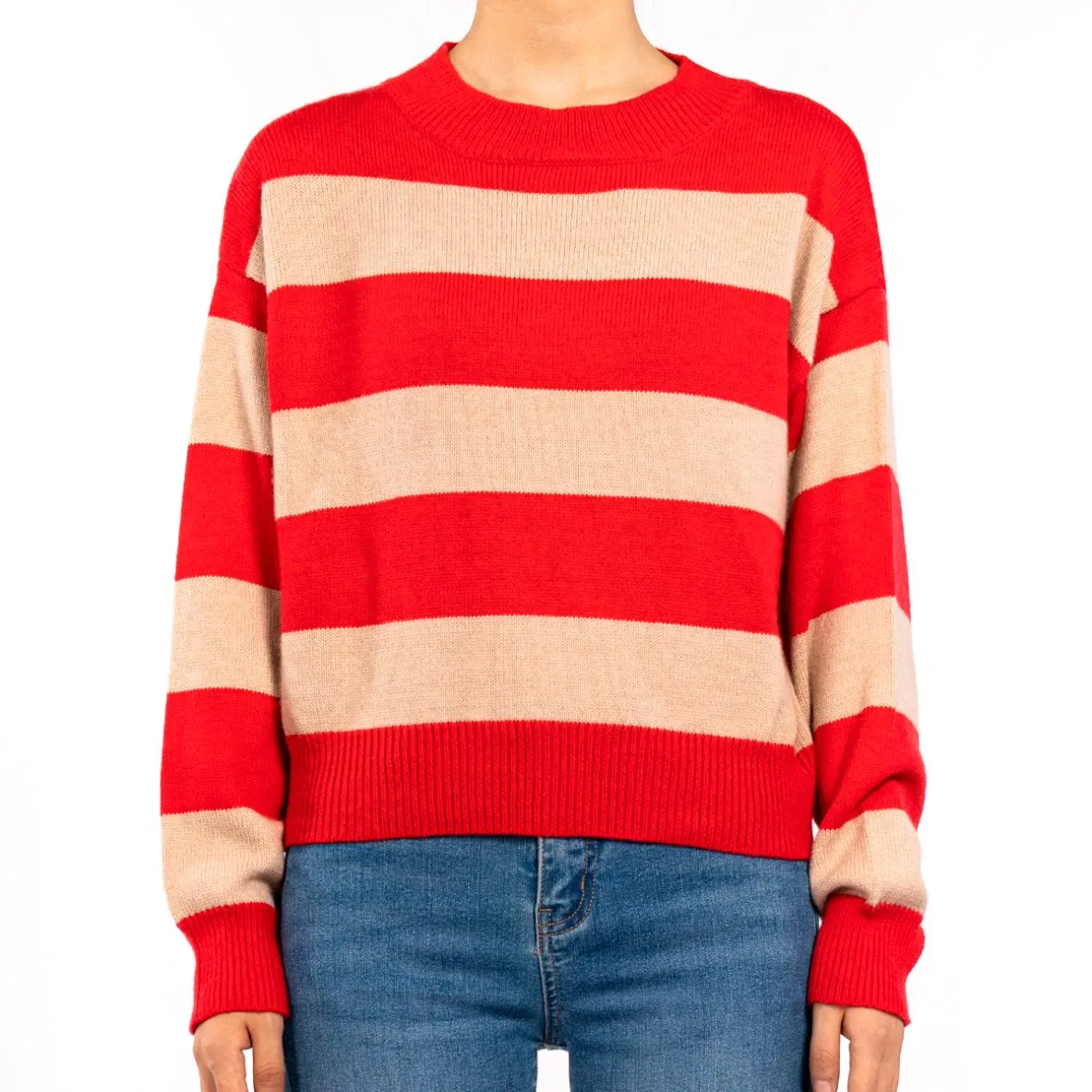 Design de blusa de malha de gola redonda com mangas longas em cores bloqueadas, malha listrada casual