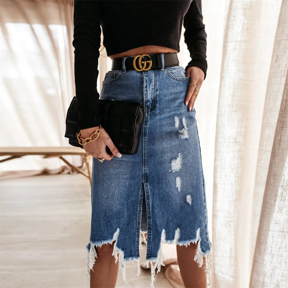 Saia Midi Casual de Meia com Temperamento Lavada Irregular Rasgada e Franjada