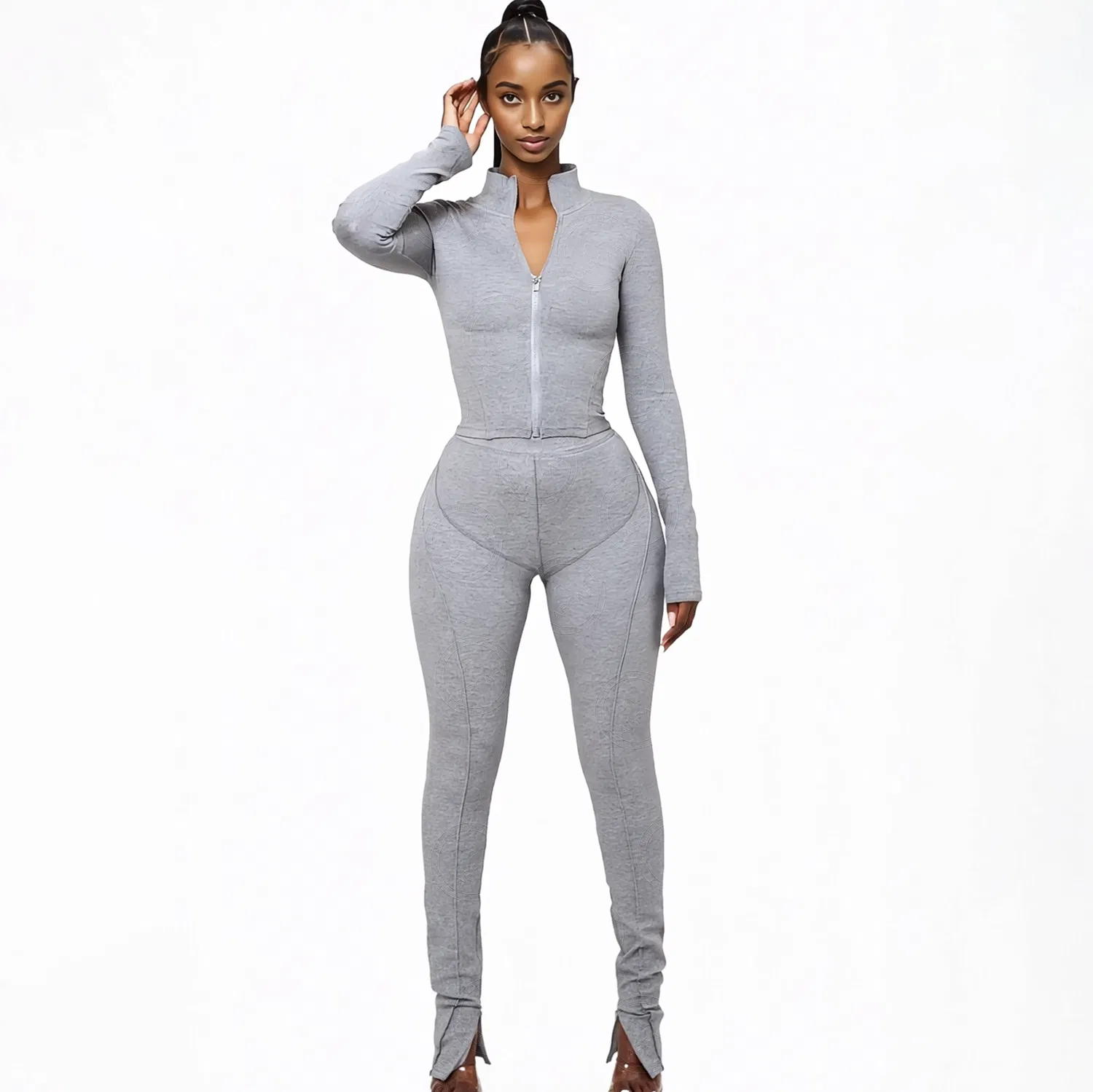 Conjunto de Calças de Duas Peças com Zíper para Mulheres 2025 Nova Coleção de Primavera Roupas Femininas Conjunto de Agasalhos Casuais Longos para Lazer