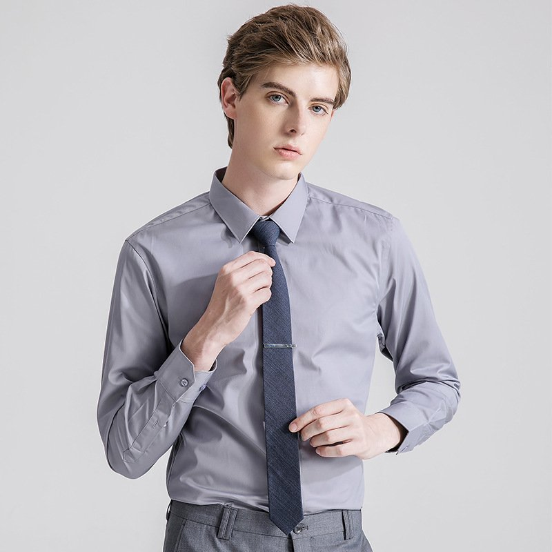 Camisa de cor sólida de bambu, elástica, à prova de rugas e casual para negócios