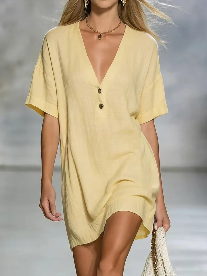 Vestido pulôver botão de cor sólida com decote em V estiloso para uso casual