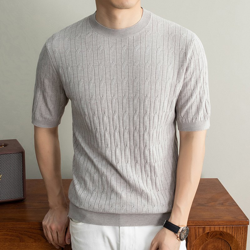 Suéter de malha curta para homens, com padrão de trançado, cor sólida, vestuário casual, pulôver