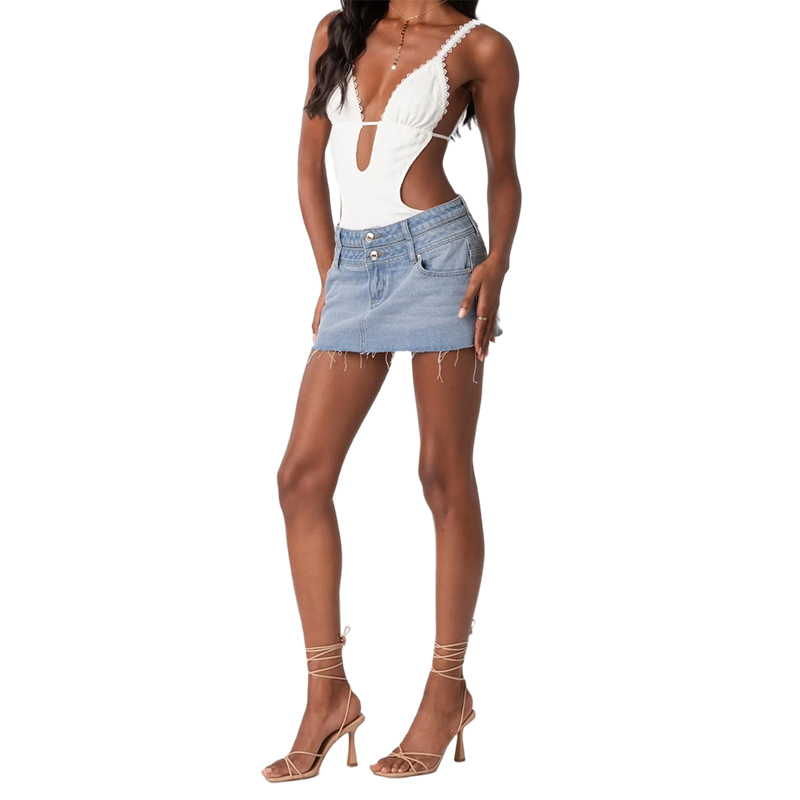 Saia Mini de Jeans com Barra Desfiada e Cintura Dupla Usada Burrs Fashionável Casual Versátil