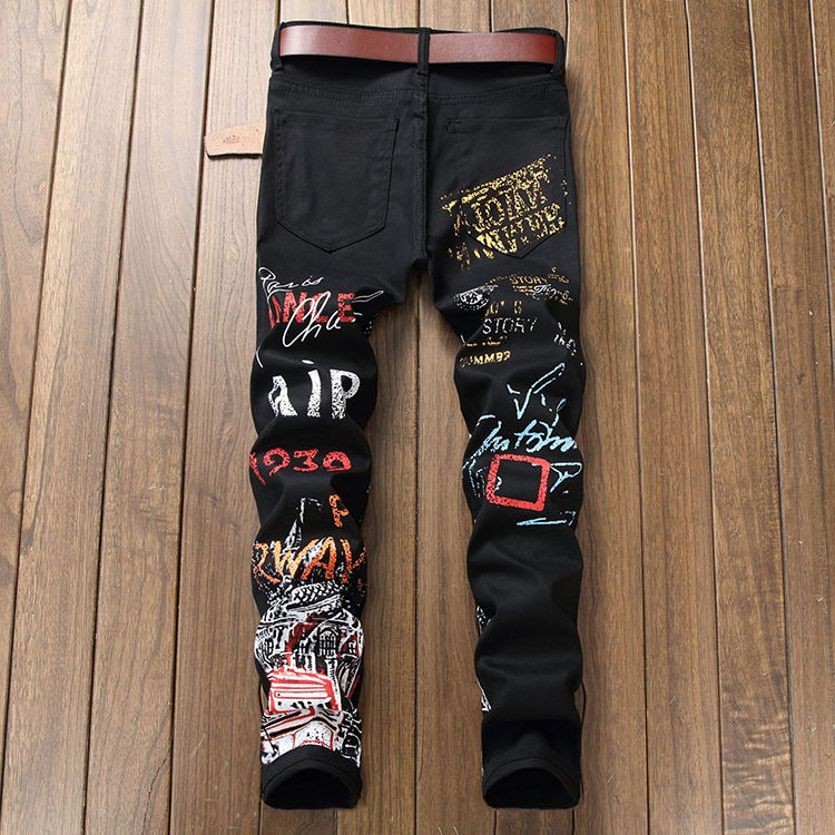 Atacado 2023 Moda Casual Stretch Preto Homem Impressão de Letra Calça Cintura Média Skinny para Homens Namorado Jeans Longos Calças
