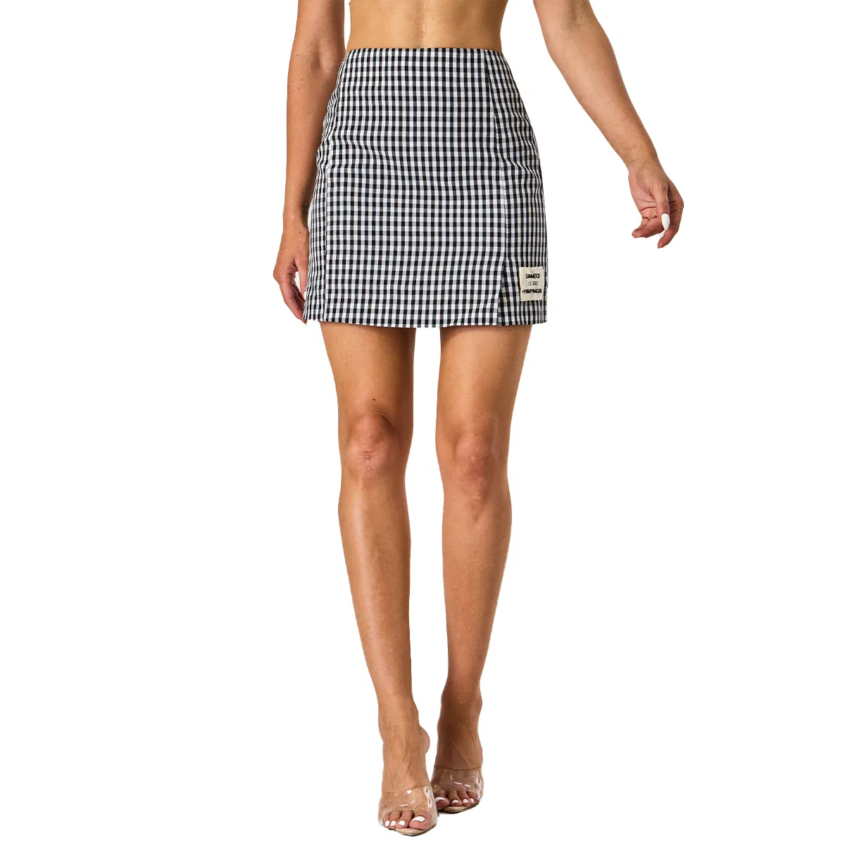 Saia curta de verão casual de alta cintura com bordado em patch e estampa de grid para mulheres, venda por atacado
