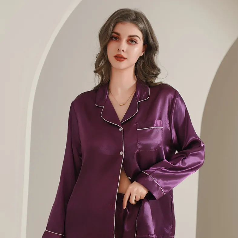 Pijamas femininos de cor sólida personalizados por atacado, sleepwear de seda sexy, roupas de lazer