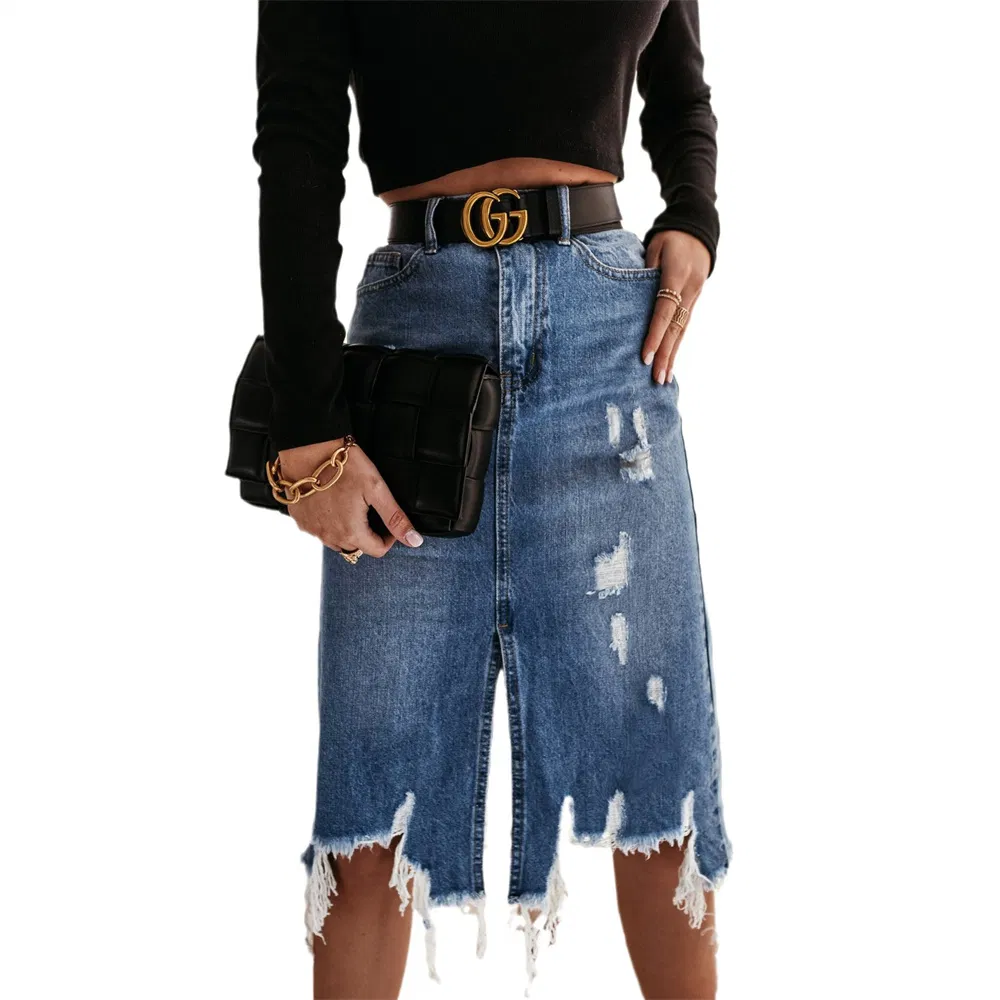 Saia Midi Casual de Meia com Temperamento Lavada Irregular Rasgada e Franjada