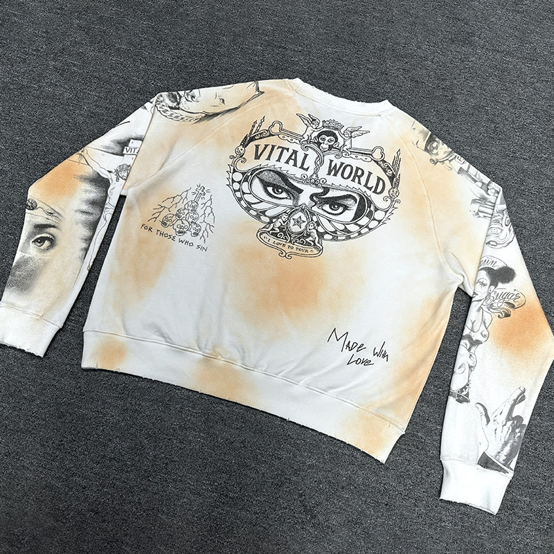 Sweatshirt personalizada de atacado, casual, vintage, streetwear, estampa Vital World, lavagem suja, gola redonda