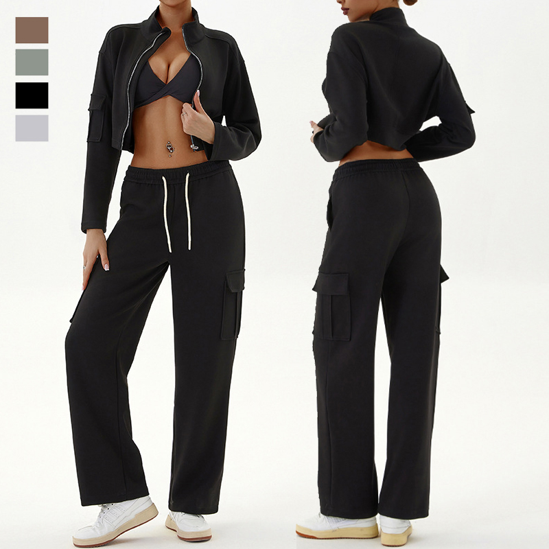 Conjuntos de Duas Peças para Mulheres, Roupas de Treino, Conjuntos de Suéter para Exercícios, Conjuntos de Corrida, Roupas de Lazer com Bolso