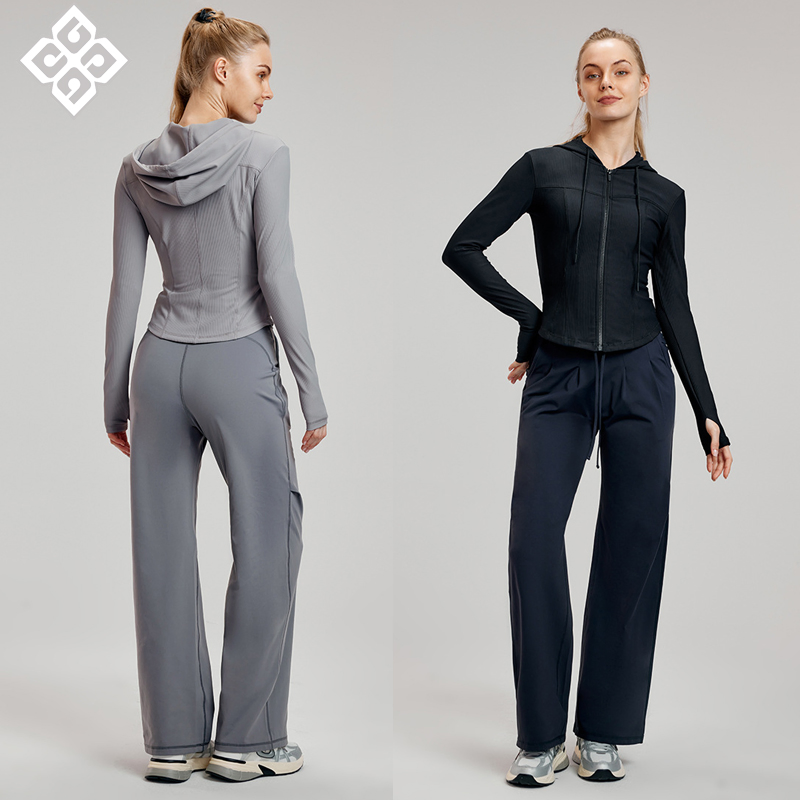 Jaqueta esportiva feminina de manga longa slim fit com capuz para outono e inverno, roupas casuais soltas para fitness, conjunto de ioga com blusa de manga longa e calças