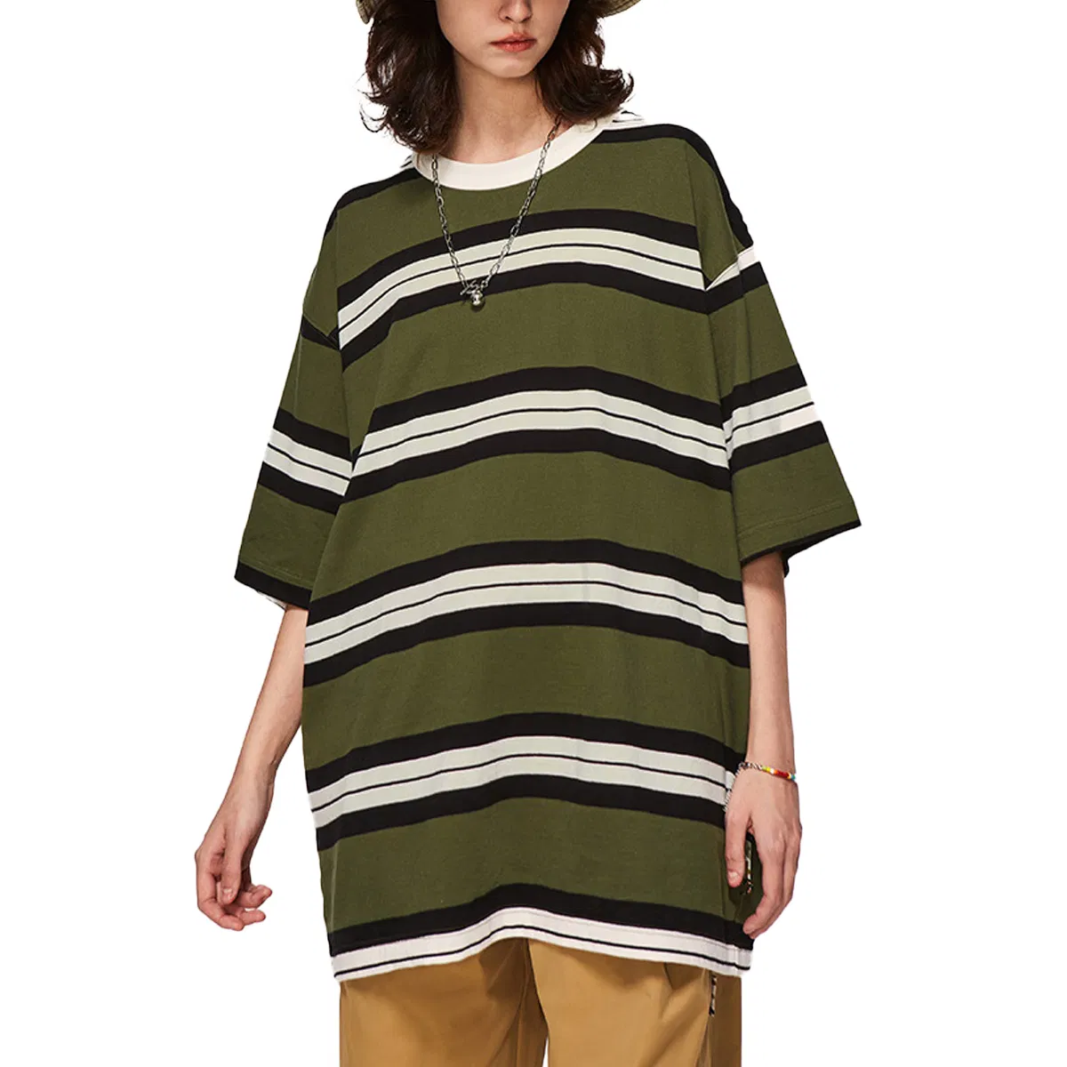 180GSM 100% Camiseta de Algodão Atacado de Alta Qualidade Oversized Listrada com Cor Contrastante Roupas Casuais de Rua para Homens