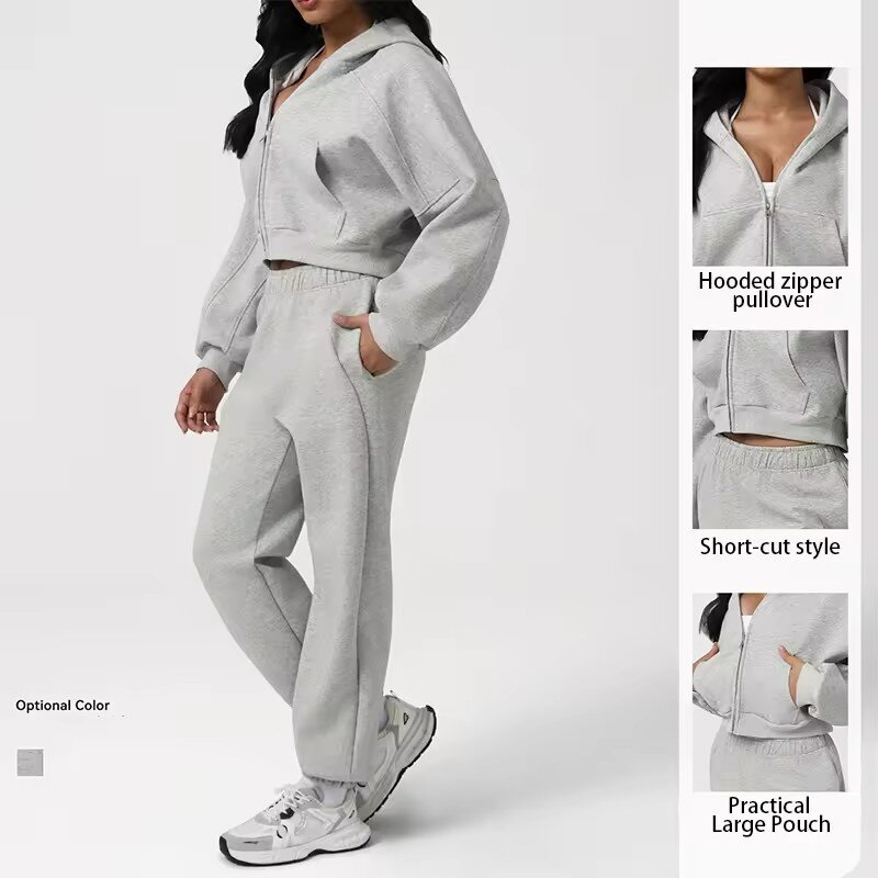 Conjunto de Fitness Feminino de Outono Inverno, Moletom Casual Solto, Jaqueta com Capuz, Calças Macias e Respiráveis, Roupa de Academia Térmica, Conjunto de Yoga Esportivo