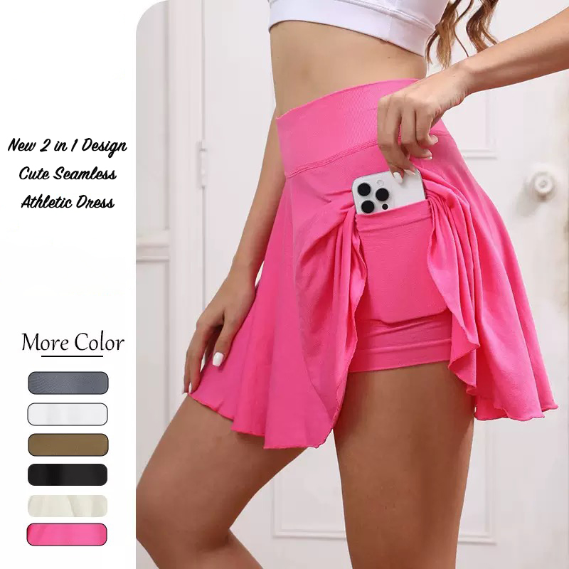 Saia atlética plissada nova por atacado, elástica, com shorts de compressão e bolso lateral, skorts mini sem costura, bonitos e casuais, para golfe e corrida