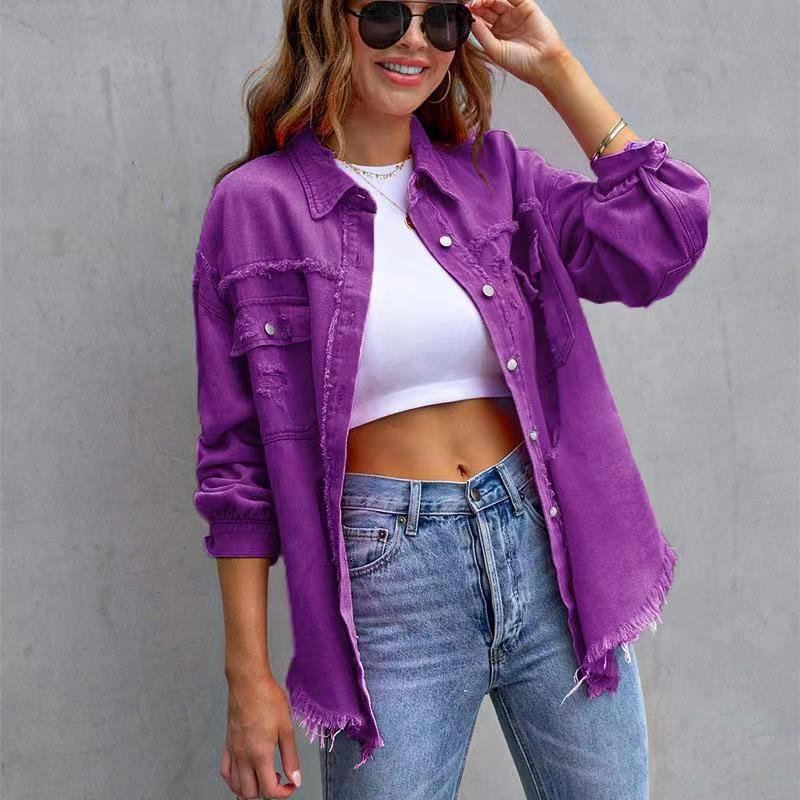 Jaquetas de Denim para Mulheres em Várias Cores, Jaqueta de Denim Desgastada de Comprimento Médio, Camisas para Meninas, Jaqueta de Jeans Casual com Gola de Lapela, Moda de Rua em Denim