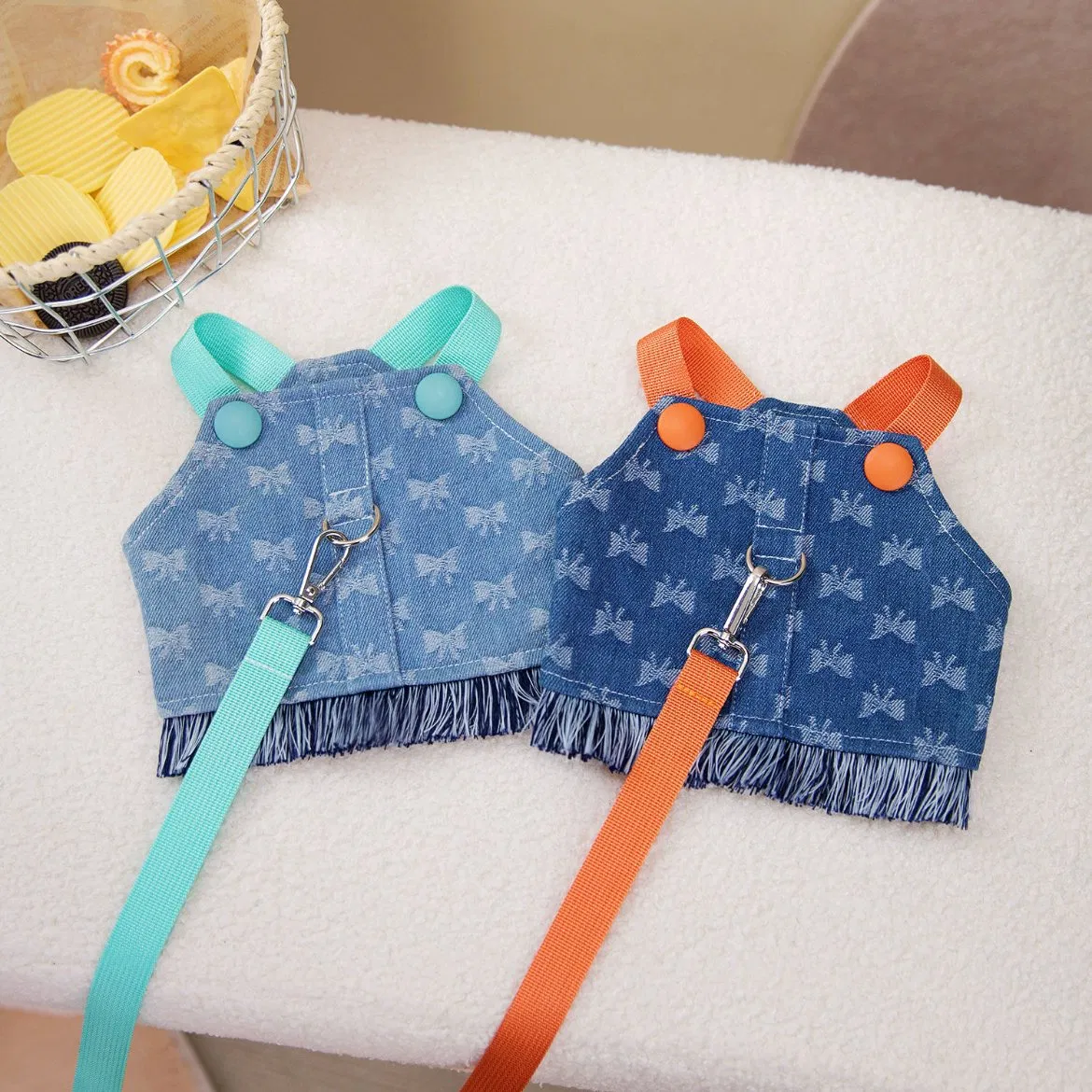 Conjunto de Roupas para Cães Colete de Alta Qualidade em Denim com Guia para Cães Pequenos Estampa Fofa para Primavera Verão em Poliéster e Algodão