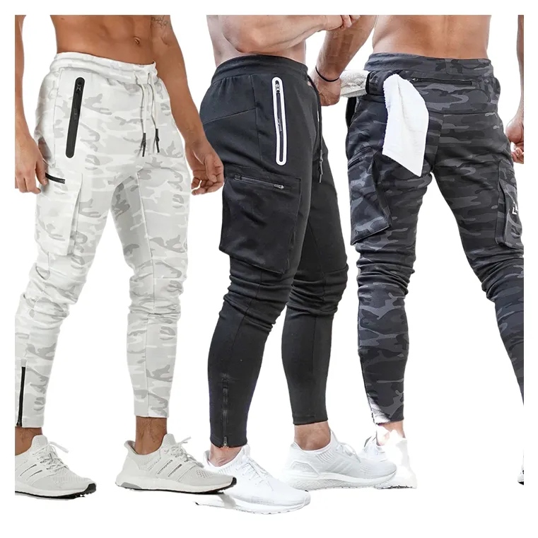 Calças de moletom camufladas de atacado para ginásio com cordão e múltiplos bolsos, calças jogger casuais para homens