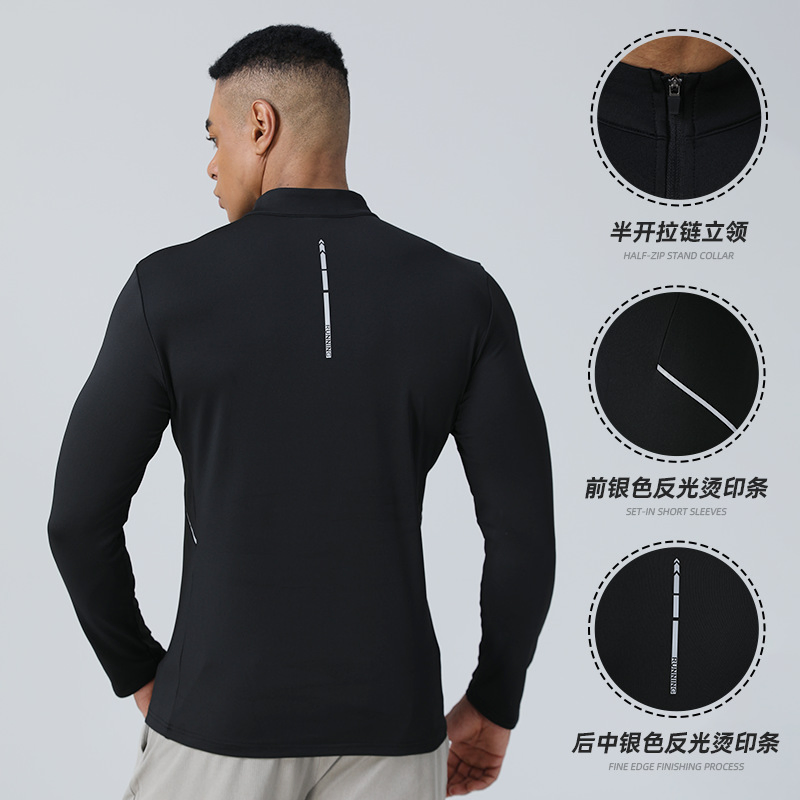 Novo Top com Gola Alta e Zíper Masculino, Roupas Casuais para Corrida e Fitness ao Ar Livre, Manga Longa Elástica e Slim