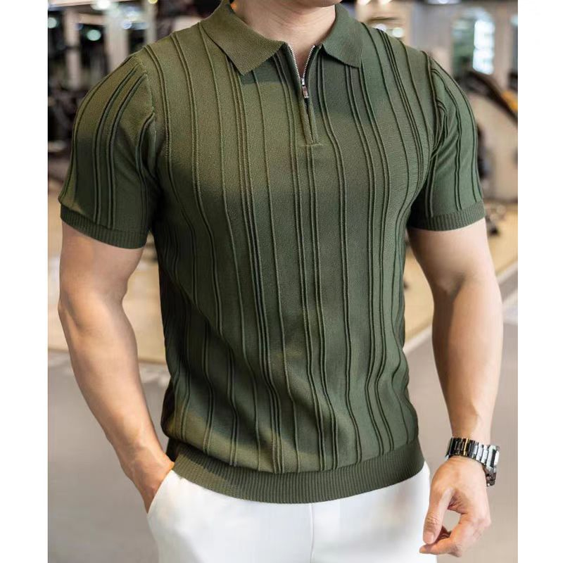 Suéter de malha de meia zip de manga curta para homens, cor sólida, respirável, casual, malha de verão