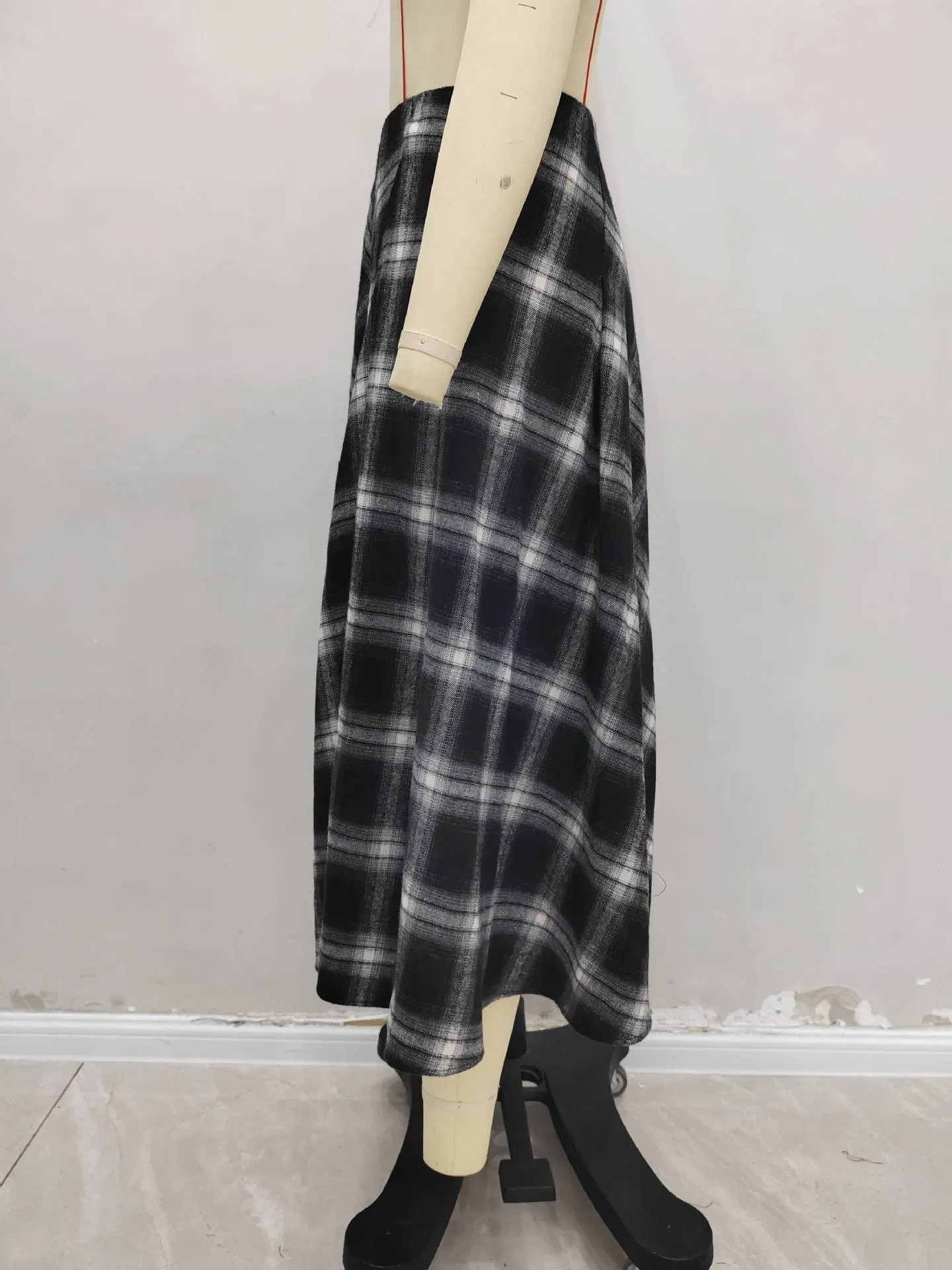 Saia longa em A flared de mulheres euro-americanas, outono inverno, nova, de lã xadrez, estilo retrô, casual, cintura afinada, natural
