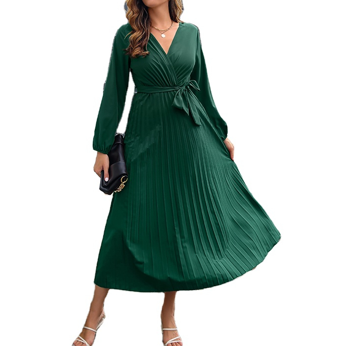 Novo Vestido Longo Feminino de Manga Longa com Decote em V, Plissado, Cor Sólida, Cinto com Laço, Venda Quente na Europa, Elegante e Casual