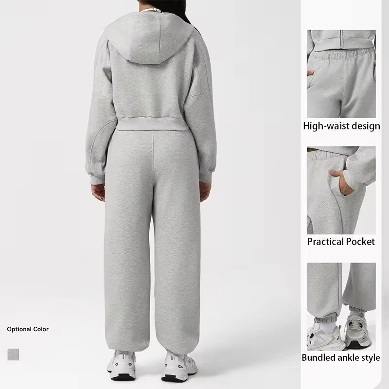 Conjunto de Fitness Feminino de Outono Inverno, Moletom Casual Solto, Jaqueta com Capuz, Calças Macias e Respiráveis, Roupa de Academia Térmica, Conjunto de Yoga Esportivo