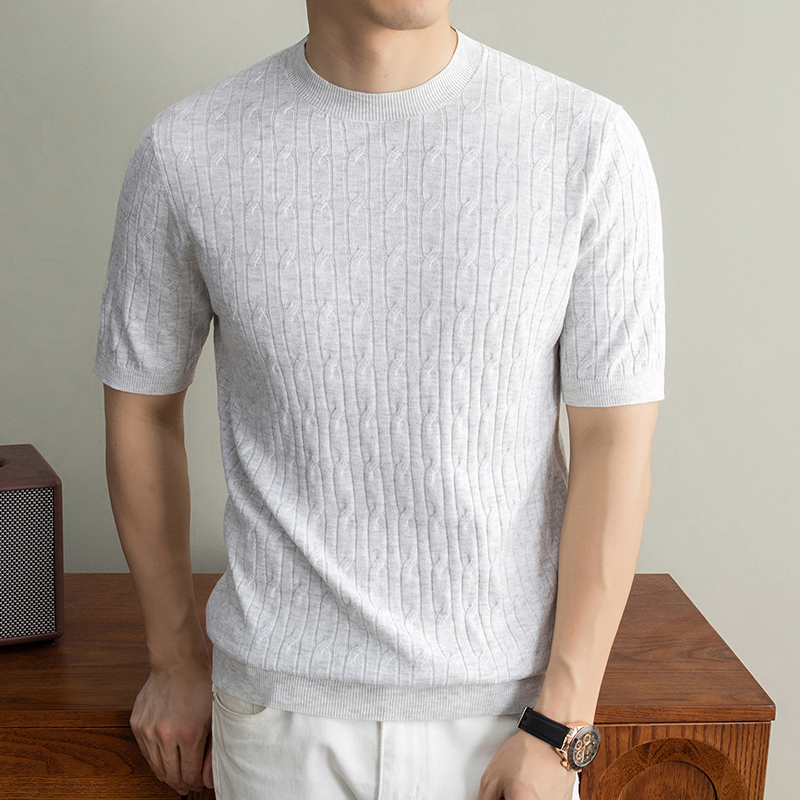 Suéter de malha curta para homens, com padrão de trançado, cor sólida, vestuário casual, pulôver