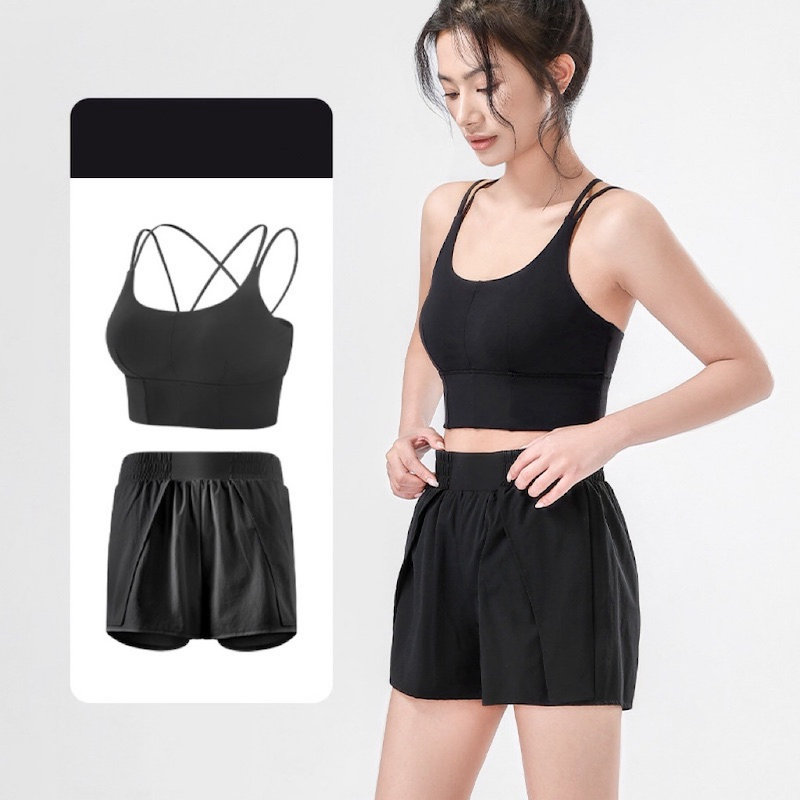 2 Top de Sutiã Esportivo com Costas Cruzadas e Copas Moldadas + 2 em 1 Conjunto de Shorts de Ginástica para Mulheres Roupas Casuais de Treino Conjunto de Roupas Esportivas