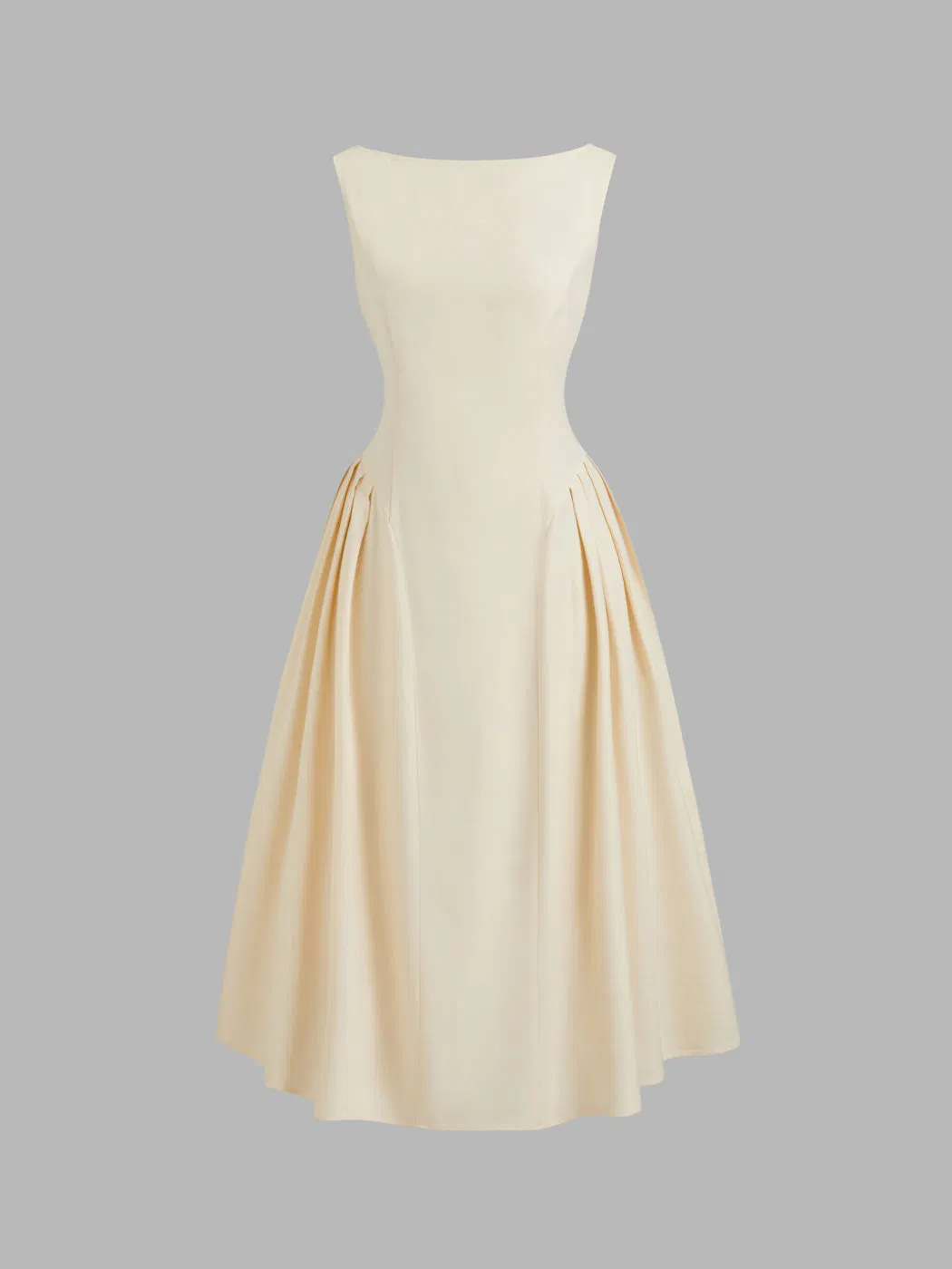 Vestido midi de linho misto casual feminino com decote barco, borda com babados e costas nuas
