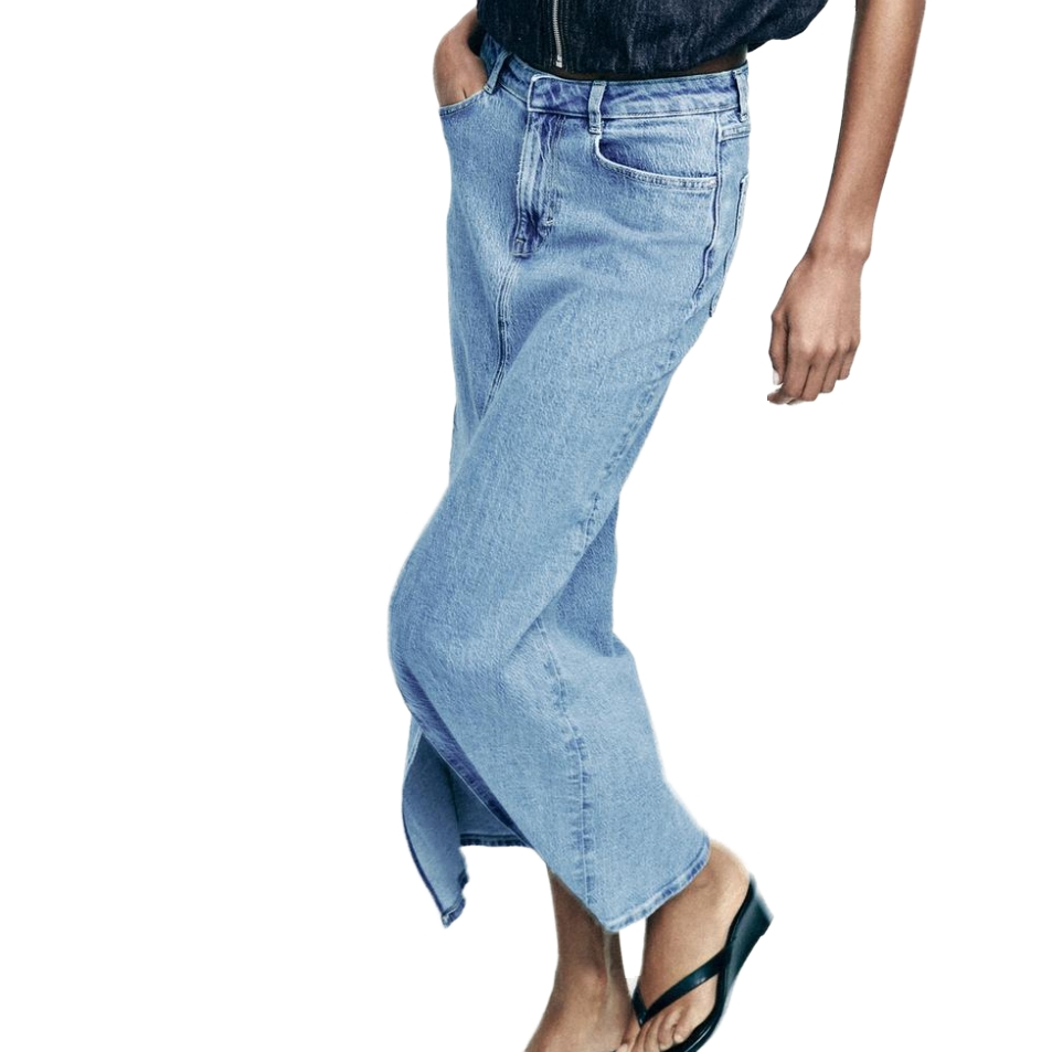 Saia midi feminina azul claro casual com fenda frontal, saia de denim feminina