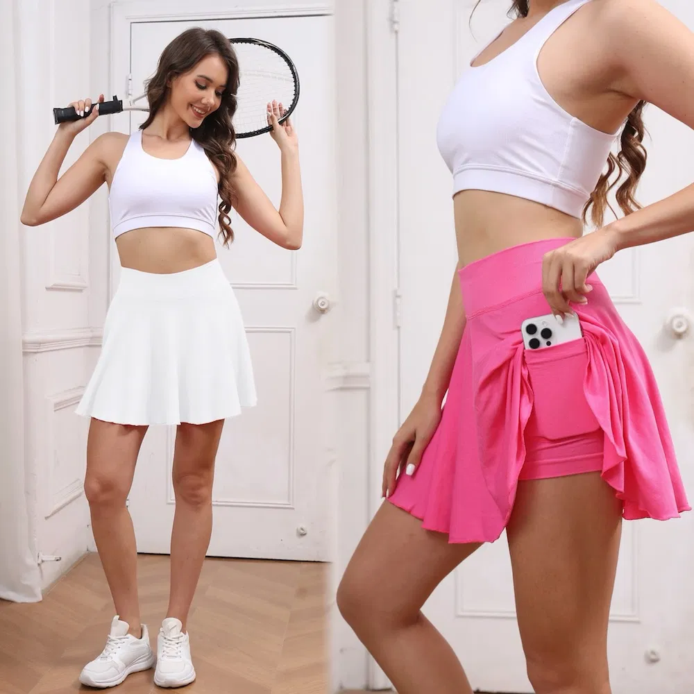 Saia atlética plissada nova por atacado, elástica, com shorts de compressão e bolso lateral, skorts mini sem costura, bonitos e casuais, para golfe e corrida