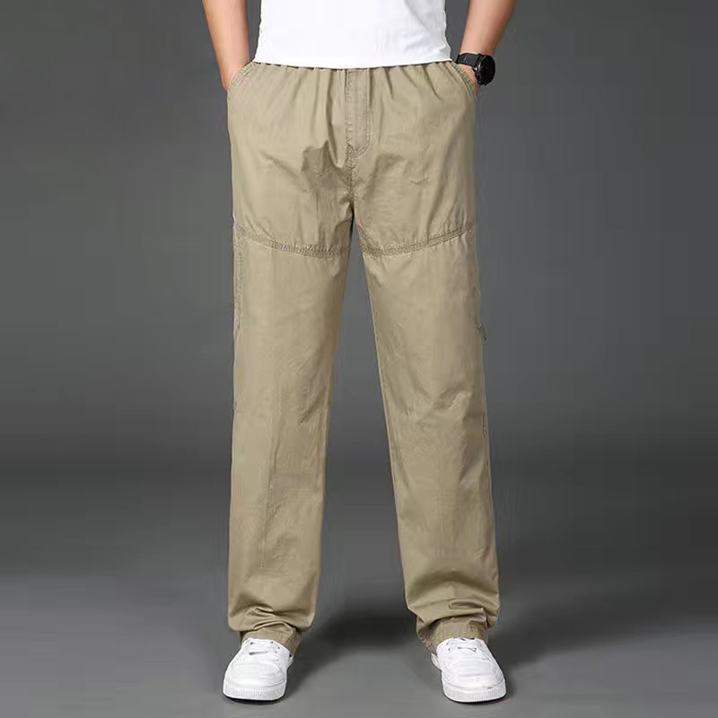 Calças Cargo Casuais de Algodão Masculinas 6 com Bolsos, Corte Solto, Cintura Elástica