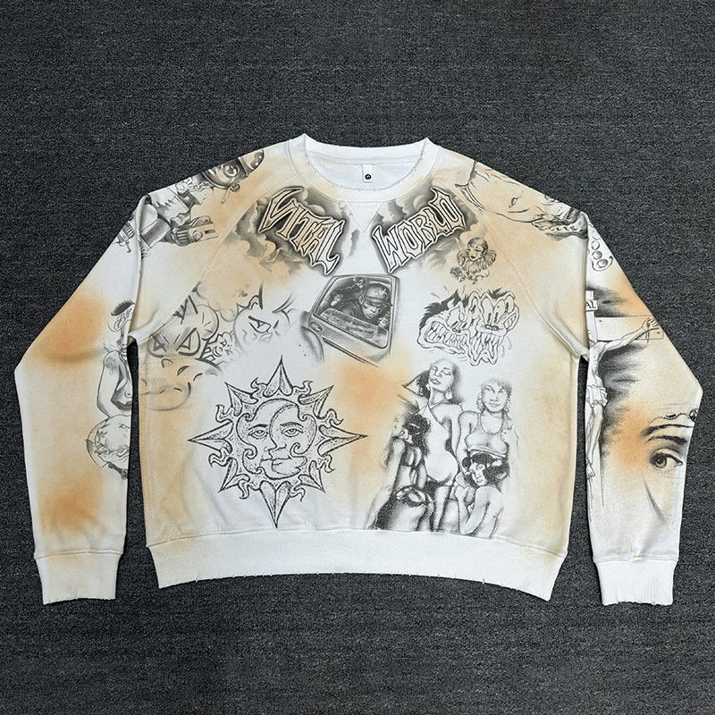 Sweatshirt personalizada de atacado, casual, vintage, streetwear, estampa Vital World, lavagem suja, gola redonda