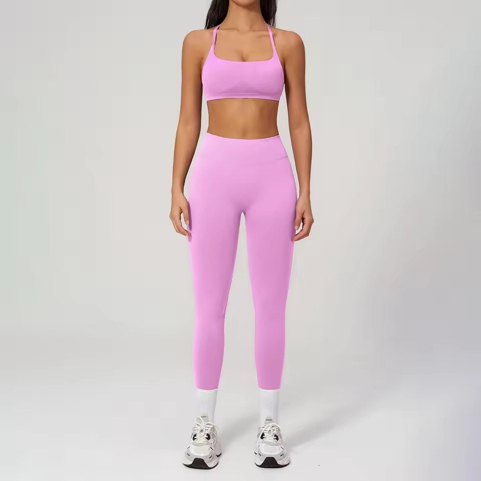 Sutiã esportivo feminino cruzado sem costura, leggings de cintura alta com efeito franzido, roupas casuais para esportes, academia, fitness e yoga