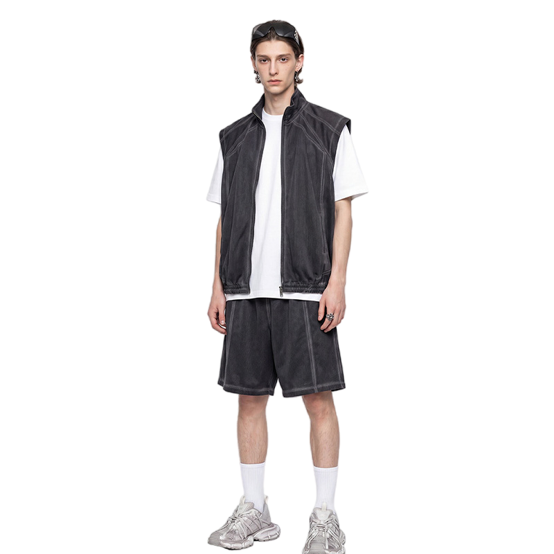 Colete Casual Vintage Solto com Zíper em Malha Respirável para Homens, Roupa Esportiva Desgastada