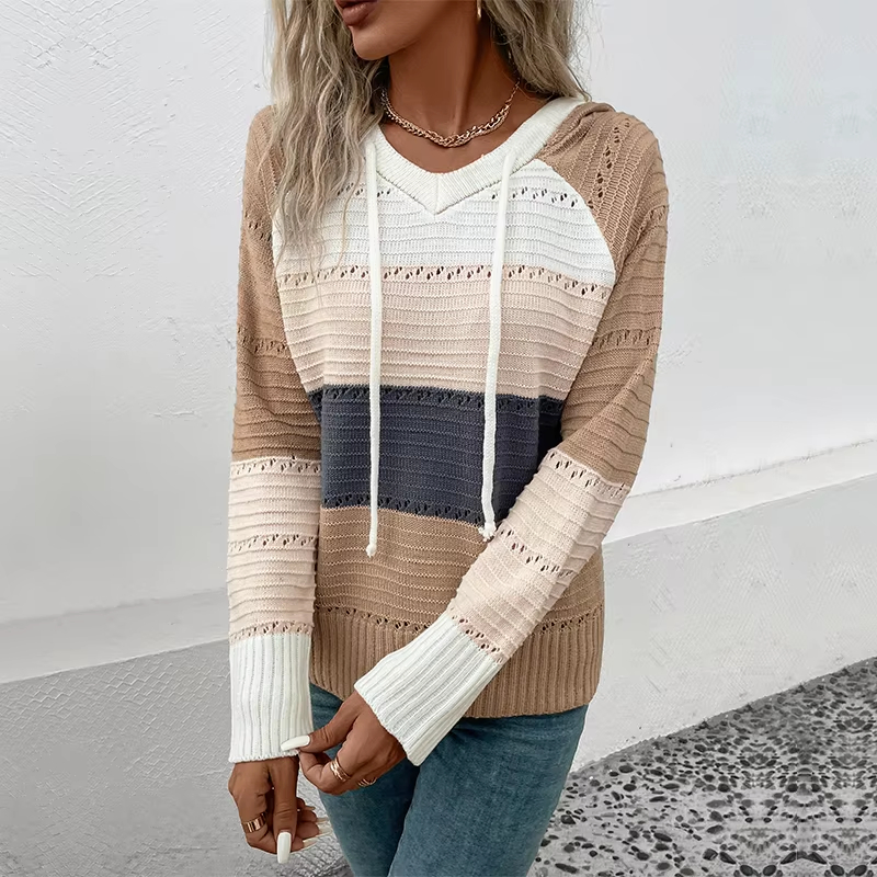 Moletons com zíper para mulheres, jaquetas listradas, estampa em bloco de cores, com cordão, suéteres casuais
